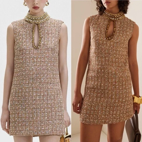 Self-Portrait- Gold Tinsel Boucle Embellished Mini Dress Size US 6 Cocktail - Picture 1 of 10